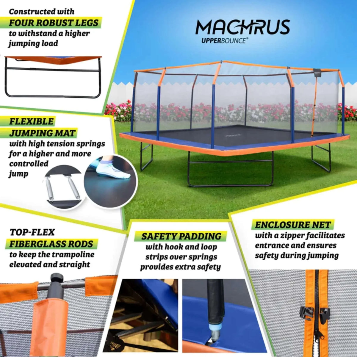 Machrus Upper Bounce Square Trampoline Set with Premium Enclosure and Safety Pad