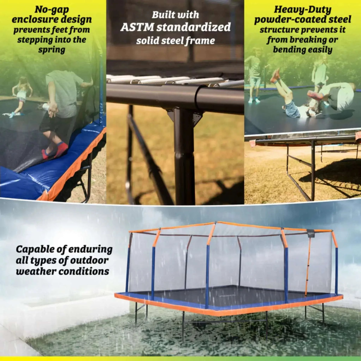 Machrus Upper Bounce Square Trampoline Set with Premium Enclosure and Safety Pad