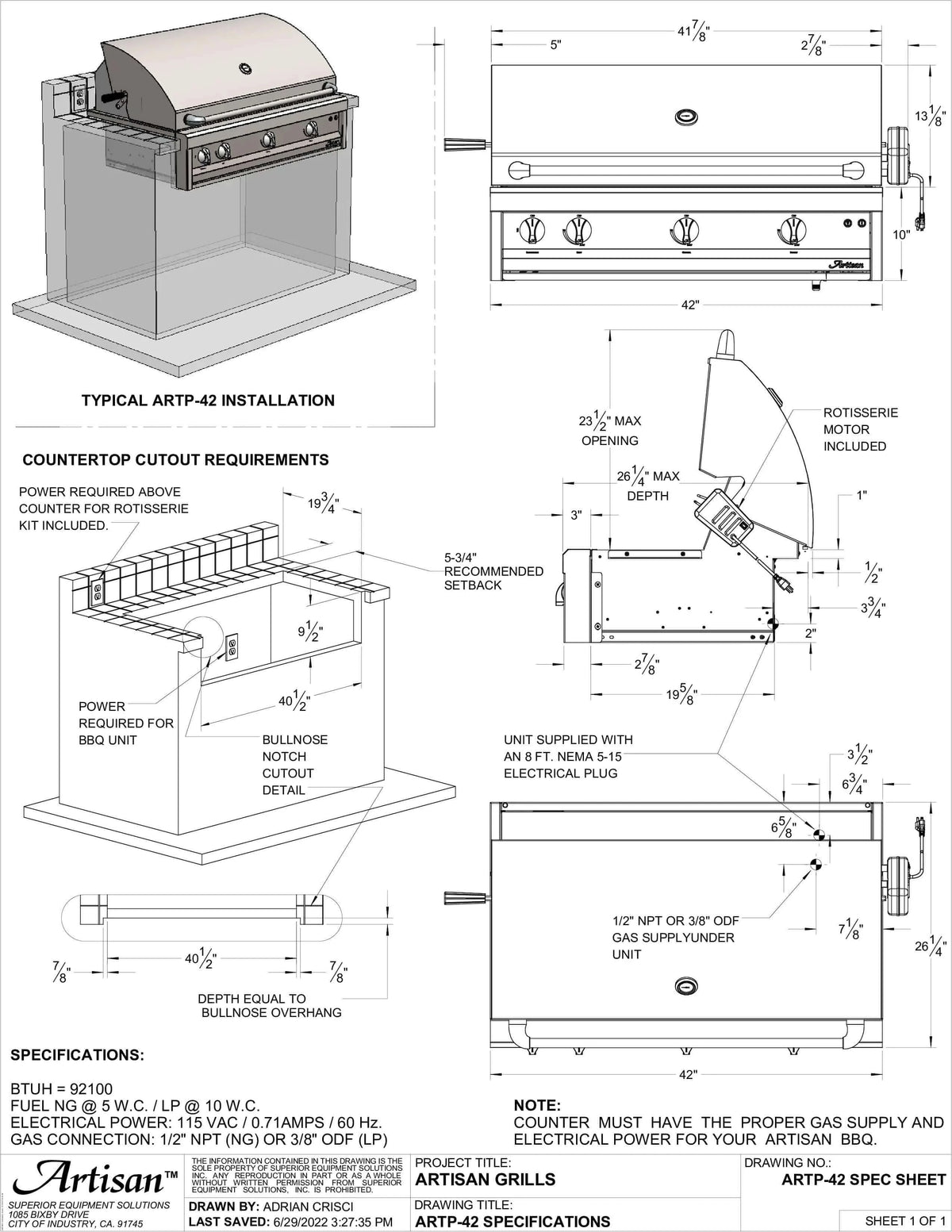Artisan 42" Professional Series Built-In Grill-Liquid Propane