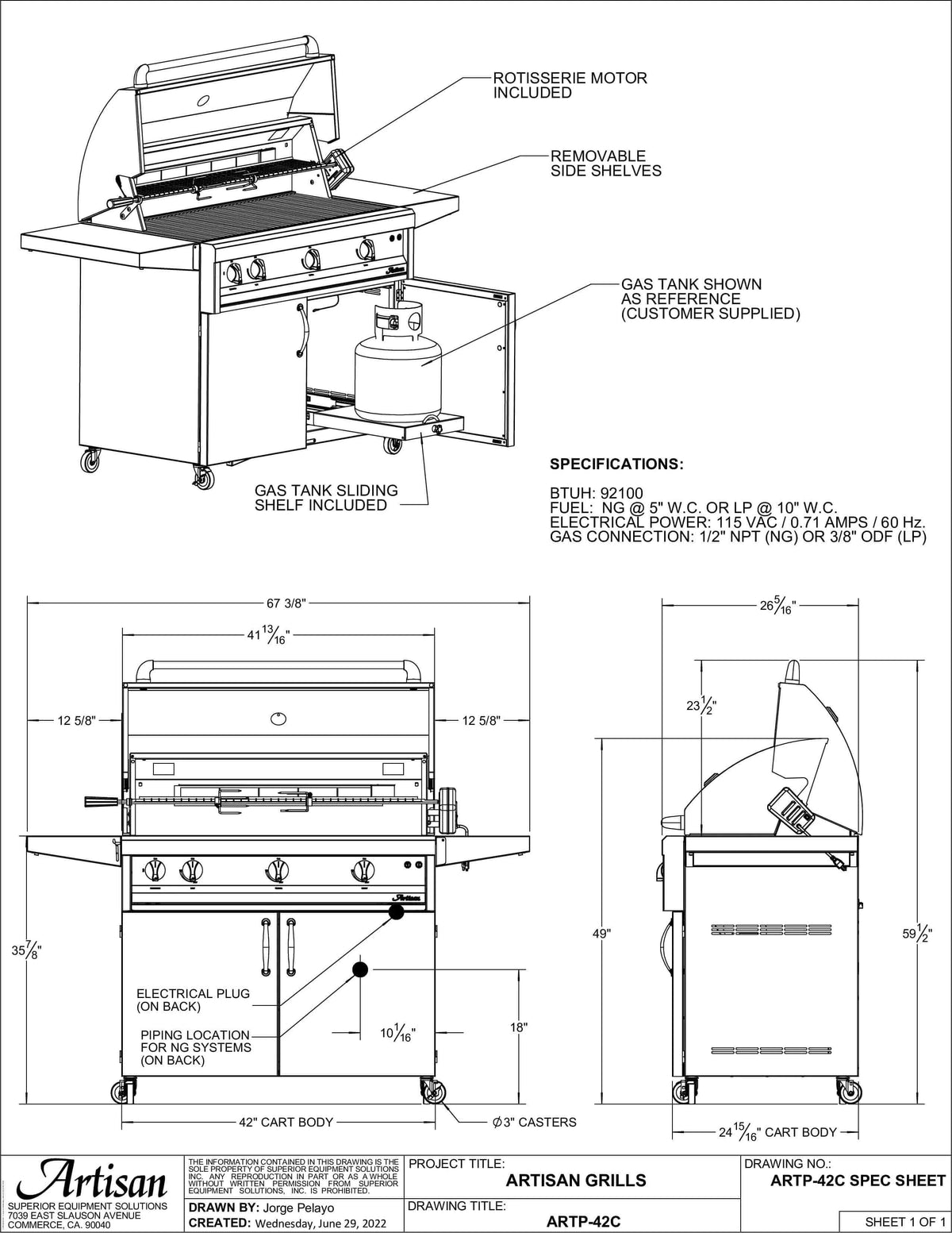 Artisan 42" Professional Series Freestanding Grill-Liquid Propane