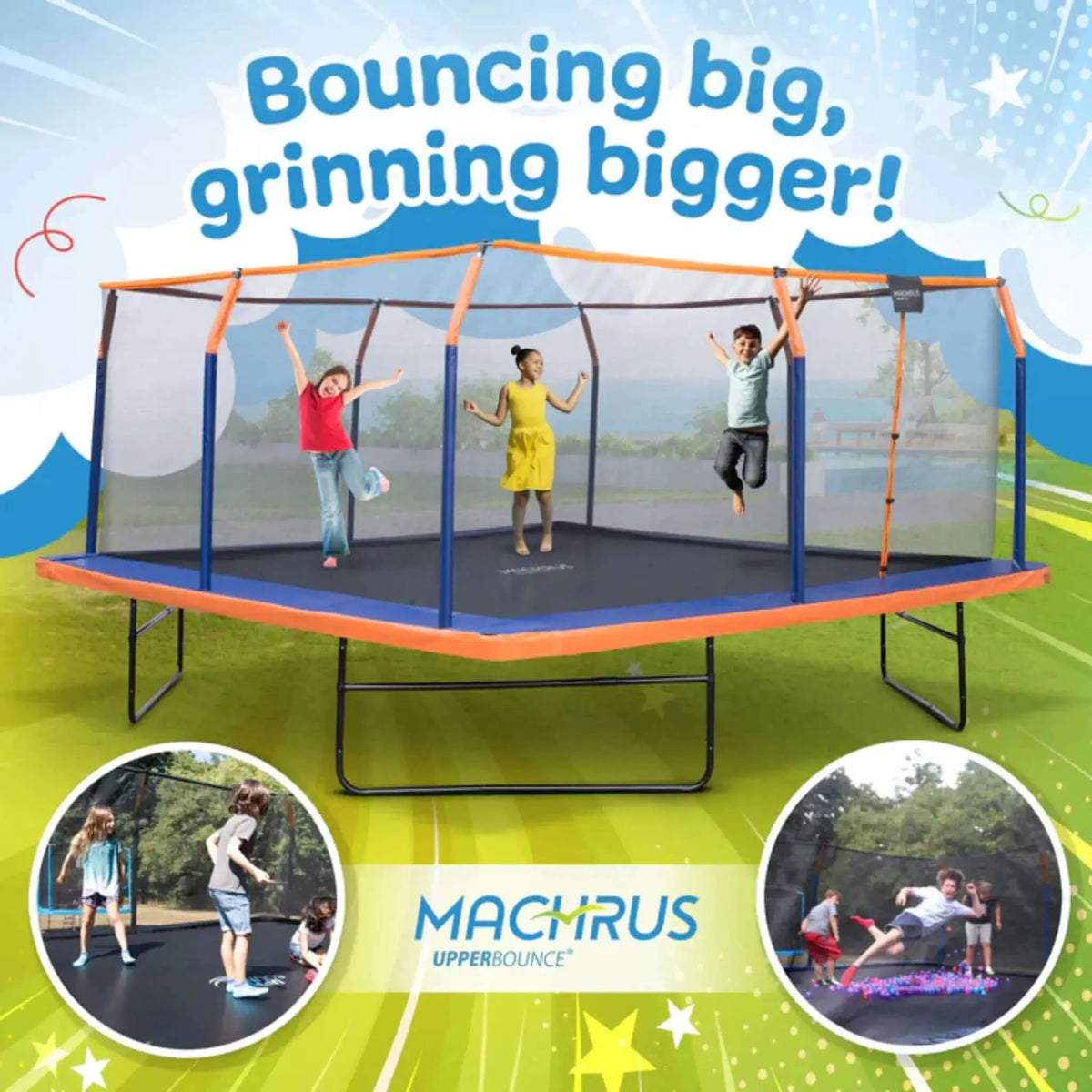 Machrus Upper Bounce Square Trampoline Set with Premium Enclosure and Safety Pad