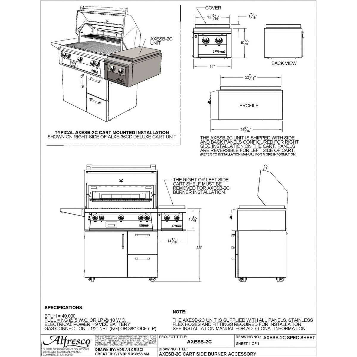 Alfresco 14" Built-In 2 Burner Unit For Cart-Liquid Propane