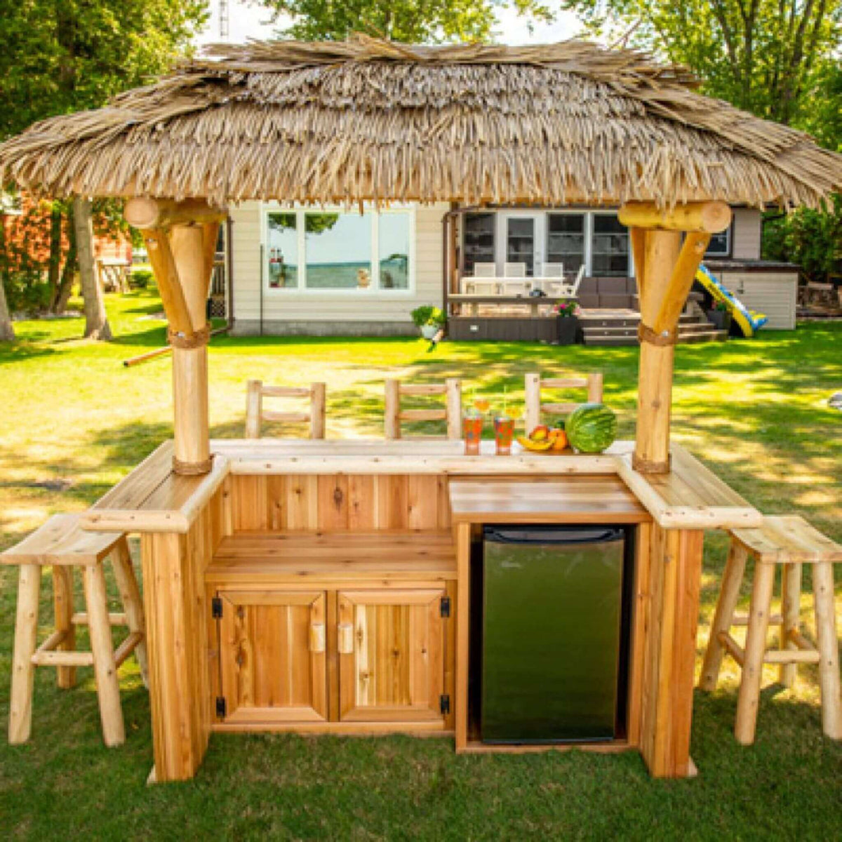 Dundalk LeisureCraft Canadian Timber Tropical Paradise Tiki Bar-2 Door Cabinet & Fridge Opening