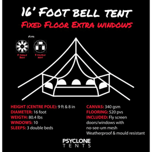 Psyclone 16' Foot (5M) Bell Tent-Fixed Floor with Extra Windows