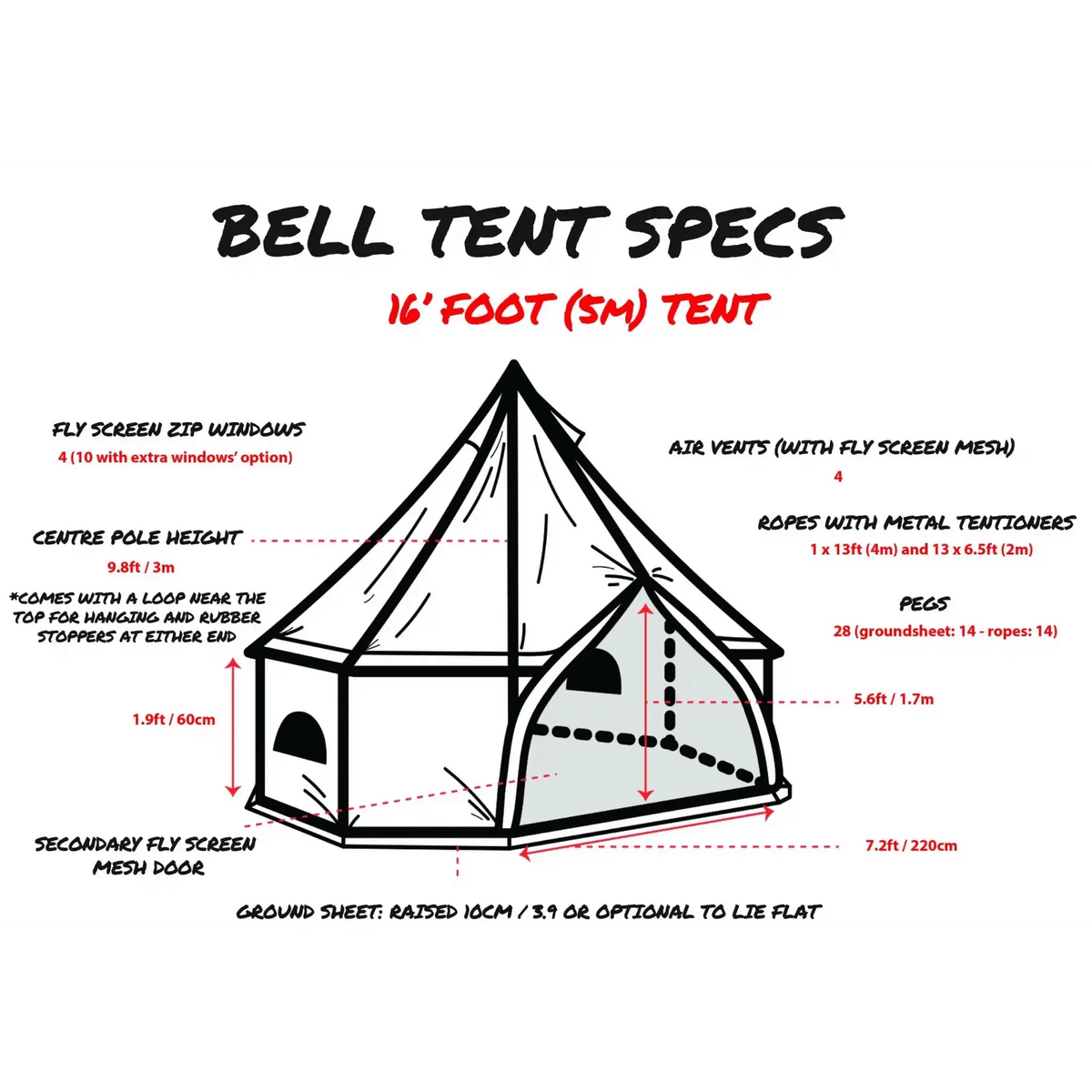 Psyclone 16' Foot (5m) Bell Tent, Fixed Floor with Extra Windows