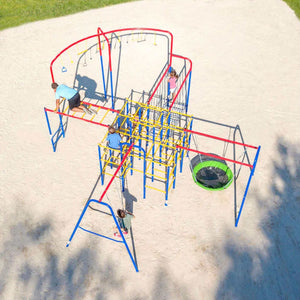 Skywalker Trampolines ActivPlay Modular Jungle Gym with Swing Set and Monkey Bars-Add Hanging Bridge + Jungle Line + Saucer Swing